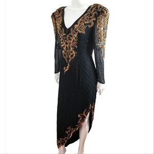 80s AJ Bari Beaded Sequin Gold & Black Asymmetrical Dress Size 6